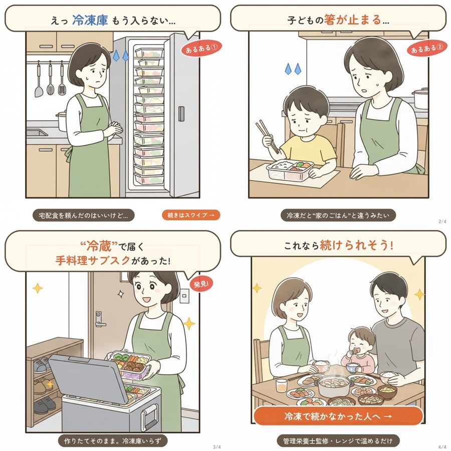 冷凍の宅配食が続かなかった共働き家庭が、冷蔵で届く手料理サブスクに出会うまでの4コマ漫画